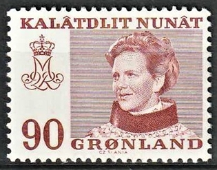 FRIMÆRKER GRØNLAND | 1974 - AFA 90 - Dronning Margrethe - 90 øre brunrød - Postfrisk